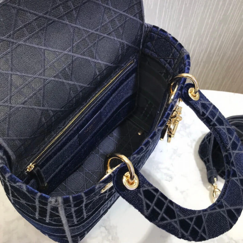 Louis vuitton locations Interior Dior Medium Lady D-Lite Bag Blue Cannage Embroidered Velvet