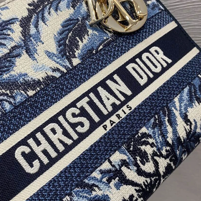 Top lv Can be ca Dior Medium Lady D-Lite Bag Blue Dior Palms Embroidery