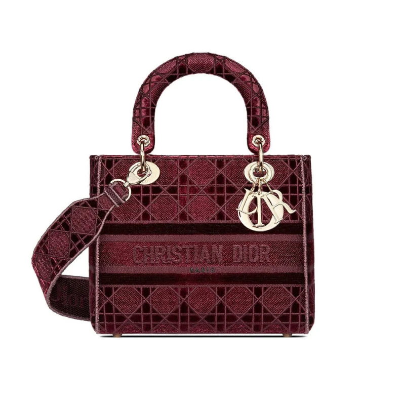 Can be ca Dior Medium Lady D-Lite Bag Burgundy Cannage Embroidered Velvet