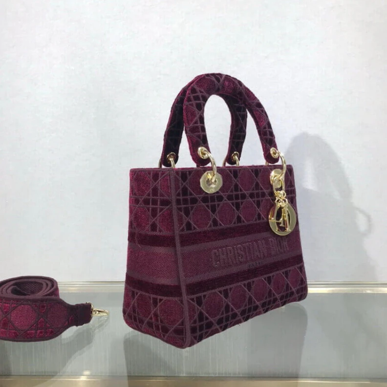 Replica bags lv Can be ca Dior Medium Lady D-Lite Bag Burgundy Cannage Embroidered Velvet