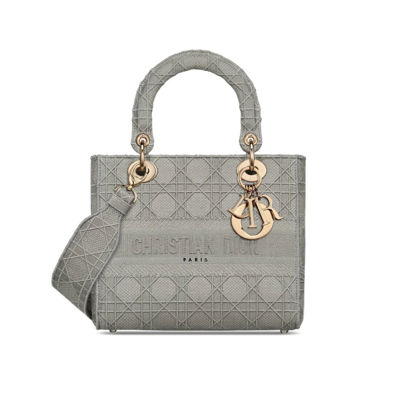 Beige Can Dior Medium Lady D-Lite Bag Gray Cannage Embroidered