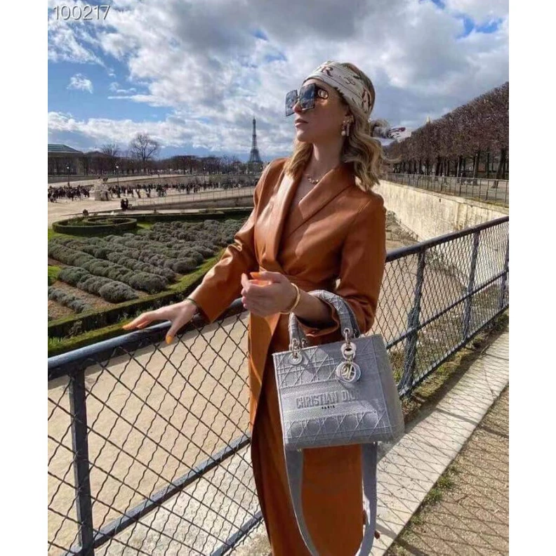 Replica ysl bags Beige Can Dior Medium Lady D-Lite Bag Gray Cannage Embroidered