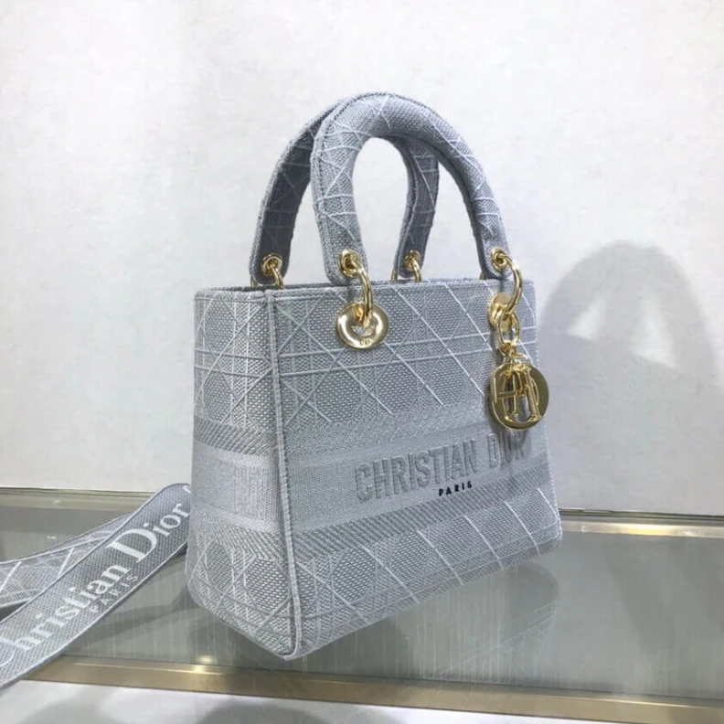 Replica ysl bags Beige Can Dior Medium Lady D-Lite Bag Gray Cannage Embroidered