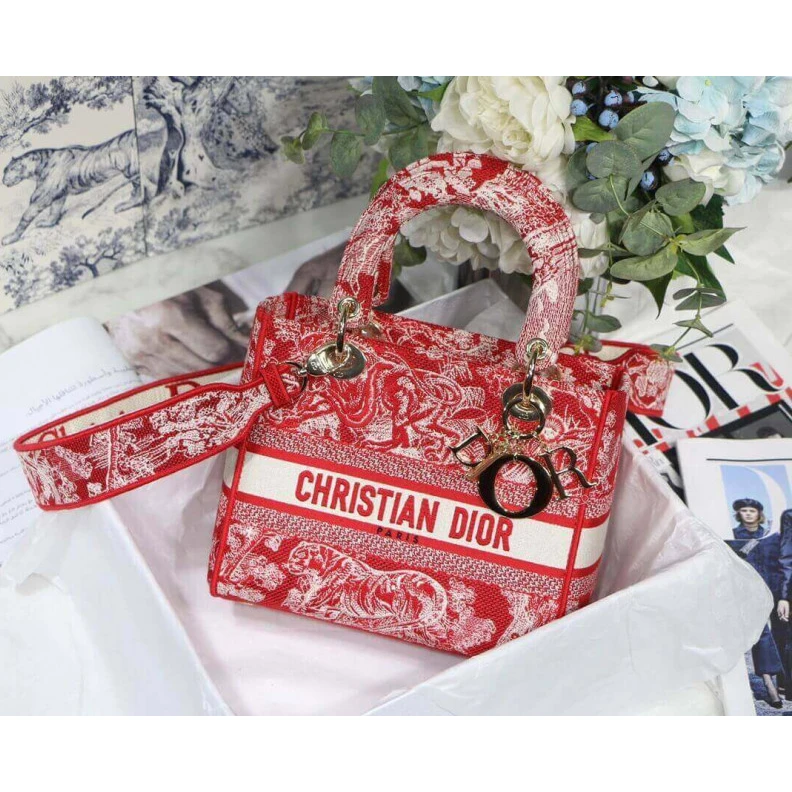 Replica ysl bags Dust bag Dior Medium Lady D-Lite Bag Raspberry Toile de Jouy Reverse Embroidery