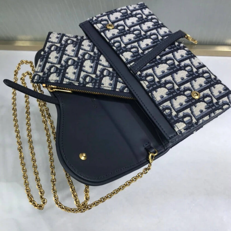Top lv 3 patch p Dior Saddle Wallet Blue Oblique Jacquard