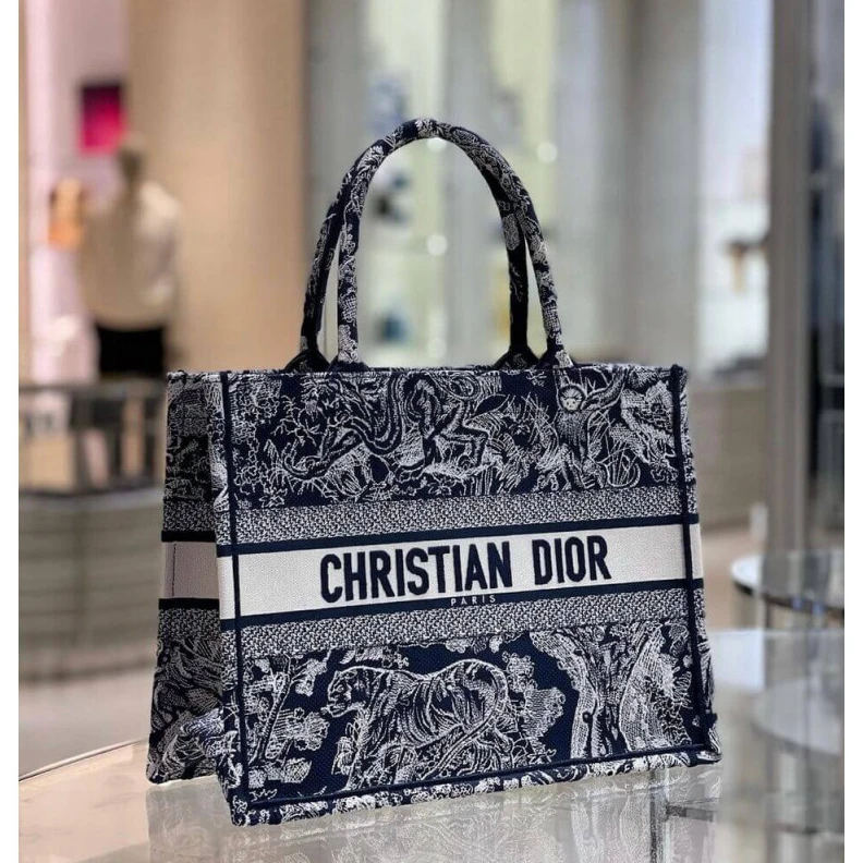 'CHRISTIA Dior Small Book Tote Blue Toile de Jouy Reverse Embroidery