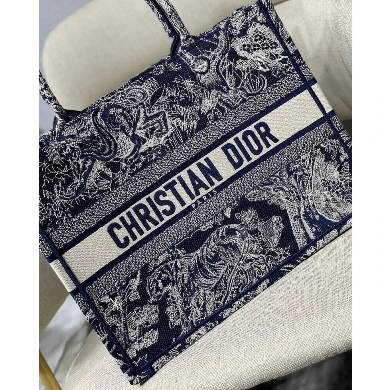 Top lv 'CHRISTIA Dior Small Book Tote Blue Toile de Jouy Reverse Embroidery