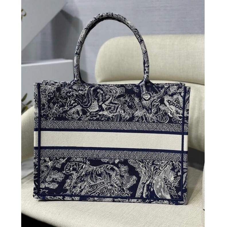 Top lv 'CHRISTIA Dior Small Book Tote Blue Toile de Jouy Reverse Embroidery
