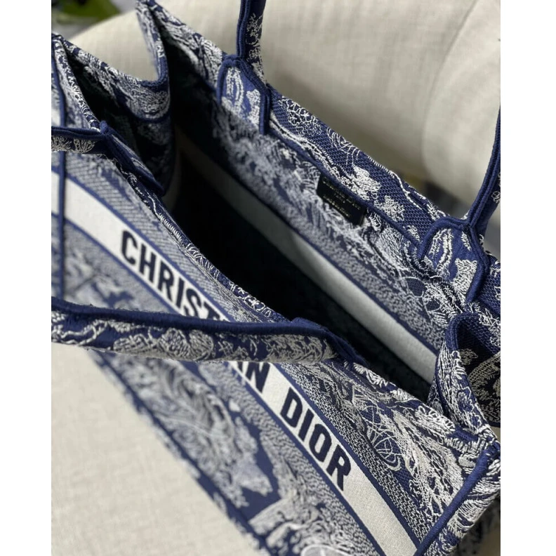 Top lv 'CHRISTIA Dior Small Book Tote Blue Toile de Jouy Reverse Embroidery