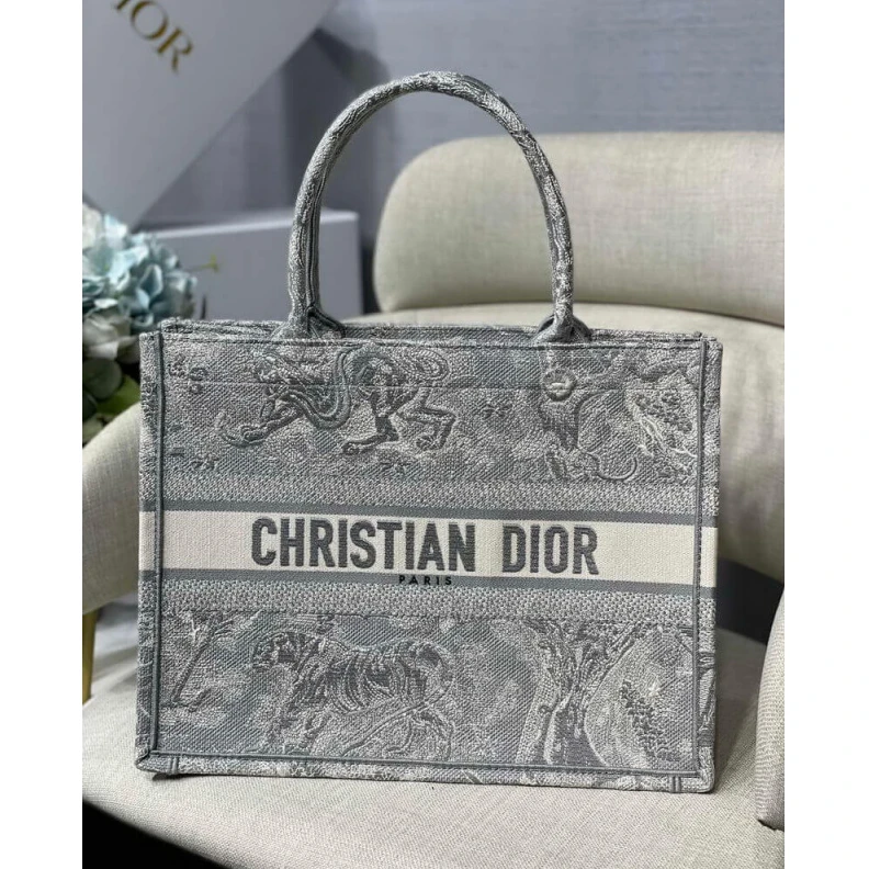 'CHRISTIAN Dior Small Book Tote Gray Toile de Jouy Reverse Embroidery Grey