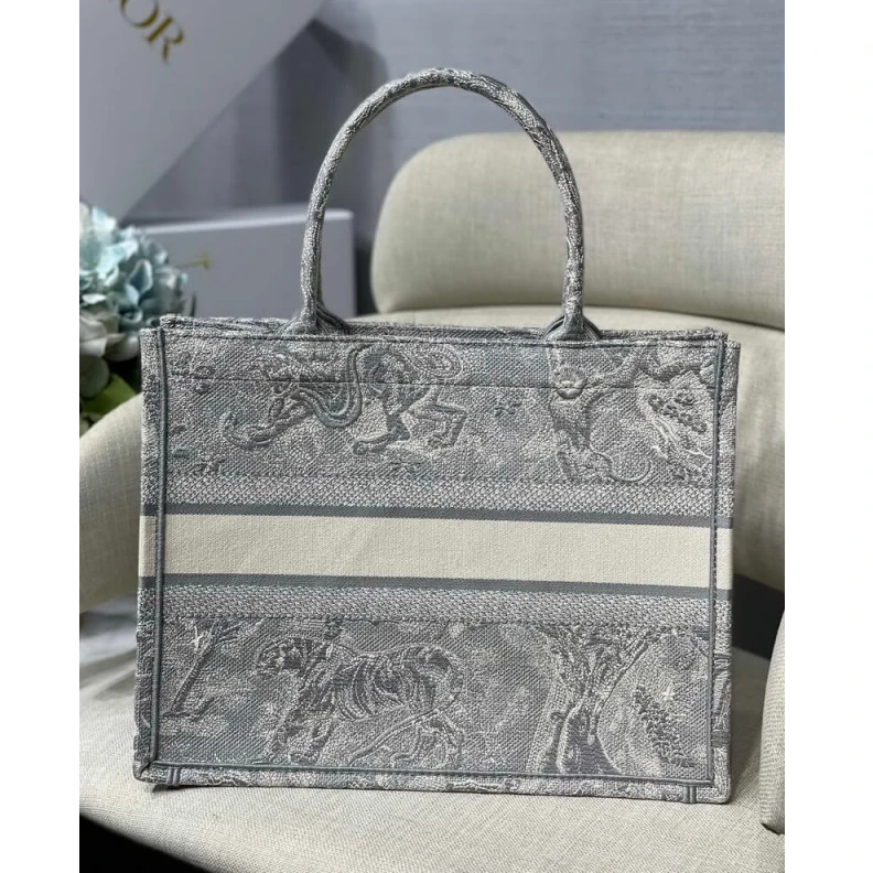 Shop shoulder bags 'CHRISTIAN Dior Small Book Tote Gray Toile de Jouy Reverse Embroidery Grey