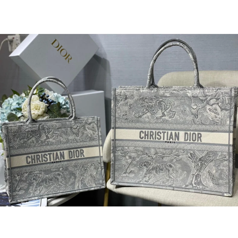 Shop shoulder bags 'CHRISTIAN Dior Small Book Tote Gray Toile de Jouy Reverse Embroidery Grey
