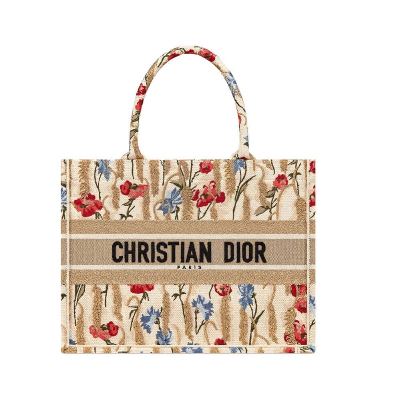 The Dior B Dior Small Book Tote in Beige Multicolor Hibiscus Metallic Thread Embroidery
