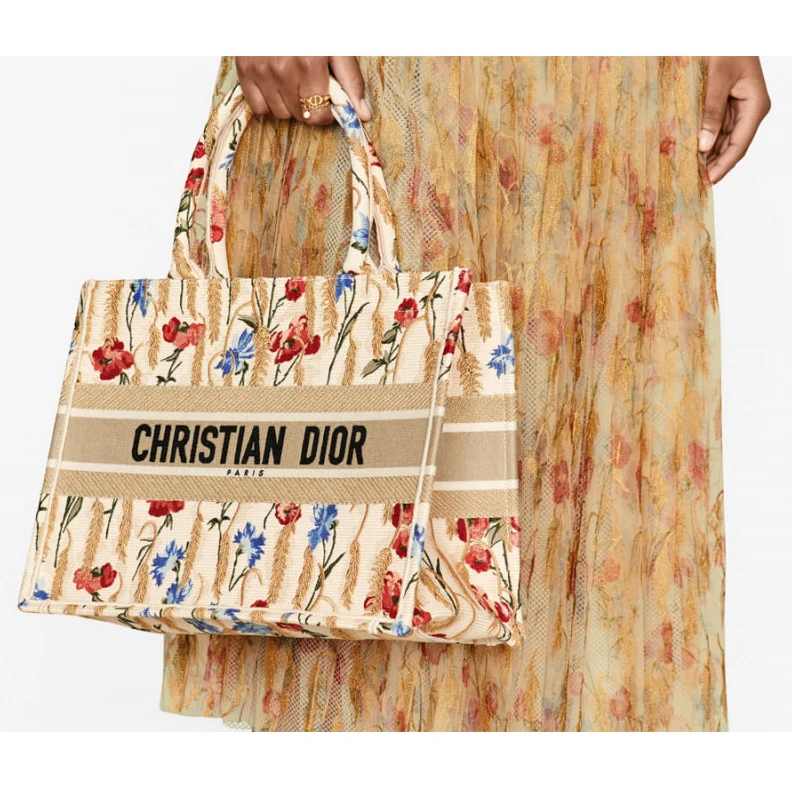 Replica ysl bags The Dior B Dior Small Book Tote in Beige Multicolor Hibiscus Metallic Thread Embroidery