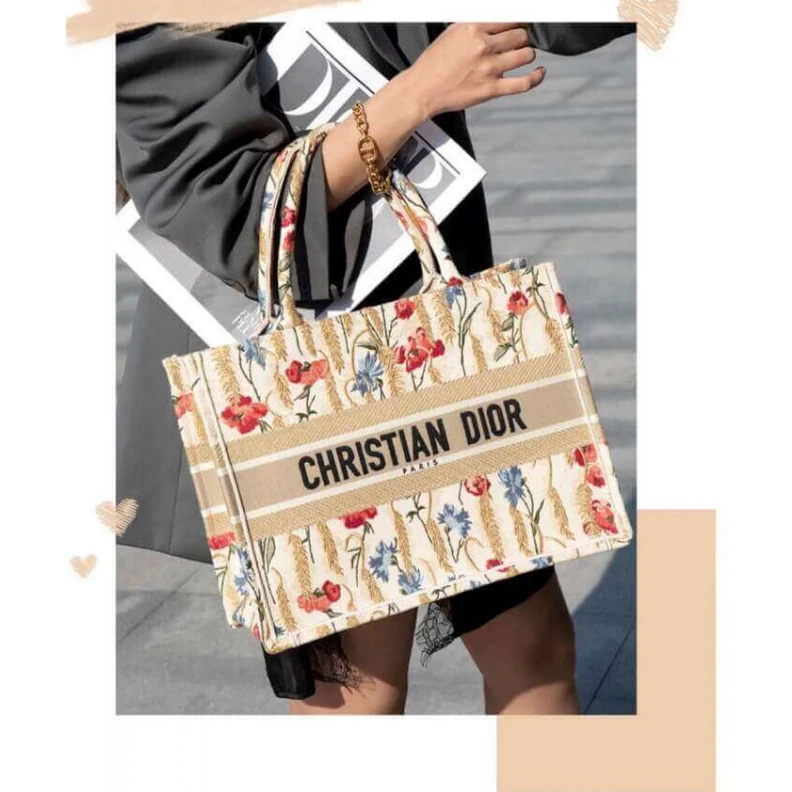 Replica ysl bags The Dior B Dior Small Book Tote in Beige Multicolor Hibiscus Metallic Thread Embroidery