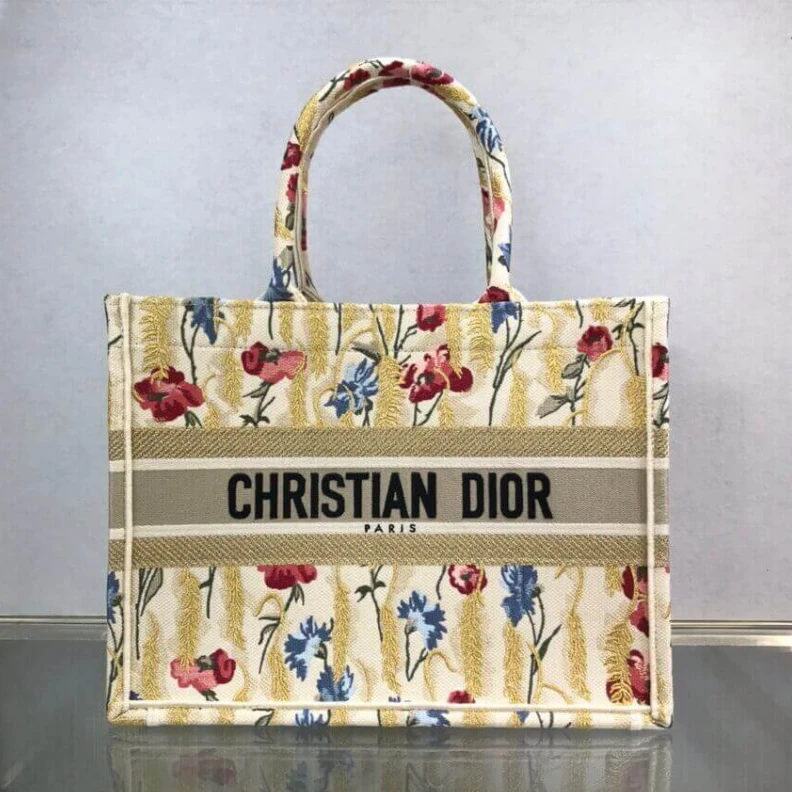 Replica ysl bags The Dior B Dior Small Book Tote in Beige Multicolor Hibiscus Metallic Thread Embroidery