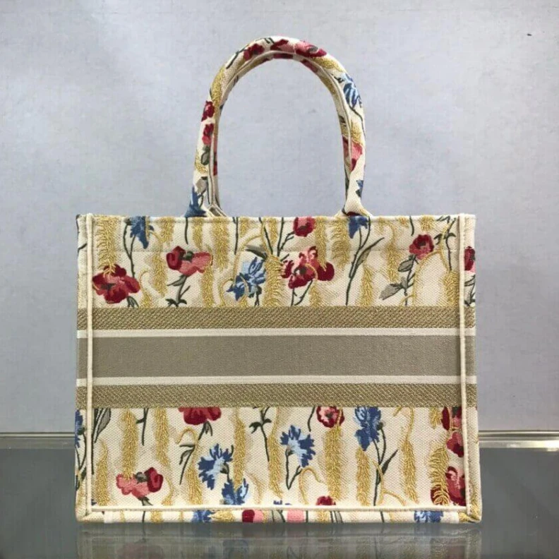 Replica ysl bags The Dior B Dior Small Book Tote in Beige Multicolor Hibiscus Metallic Thread Embroidery