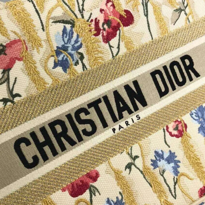 Replica ysl bags The Dior B Dior Small Book Tote in Beige Multicolor Hibiscus Metallic Thread Embroidery