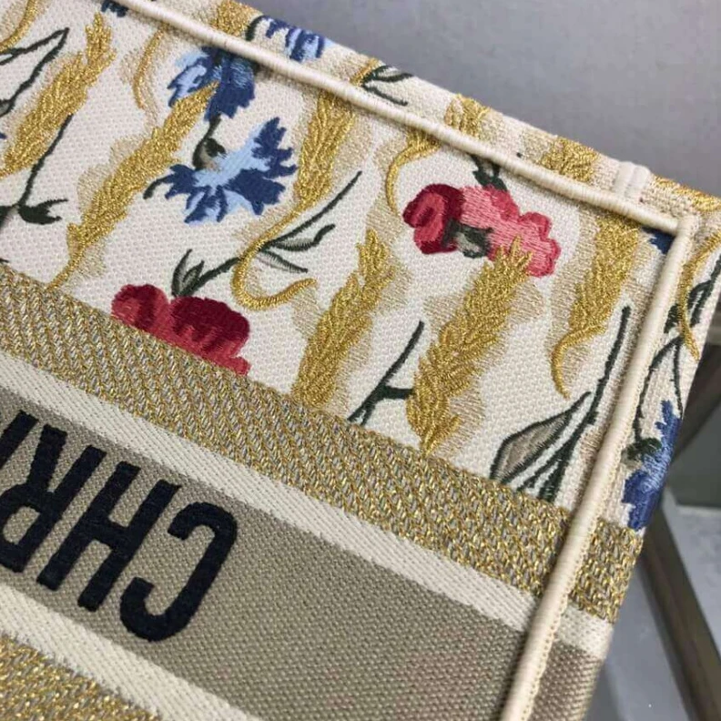 Replica ysl bags The Dior B Dior Small Book Tote in Beige Multicolor Hibiscus Metallic Thread Embroidery