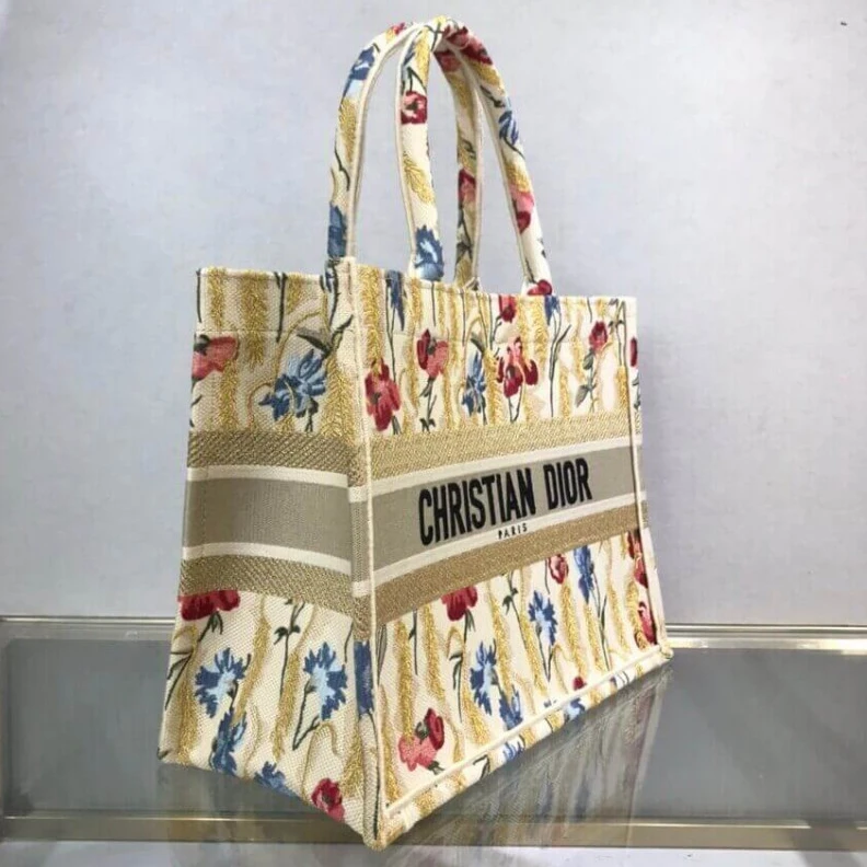 Replica ysl bags The Dior B Dior Small Book Tote in Beige Multicolor Hibiscus Metallic Thread Embroidery