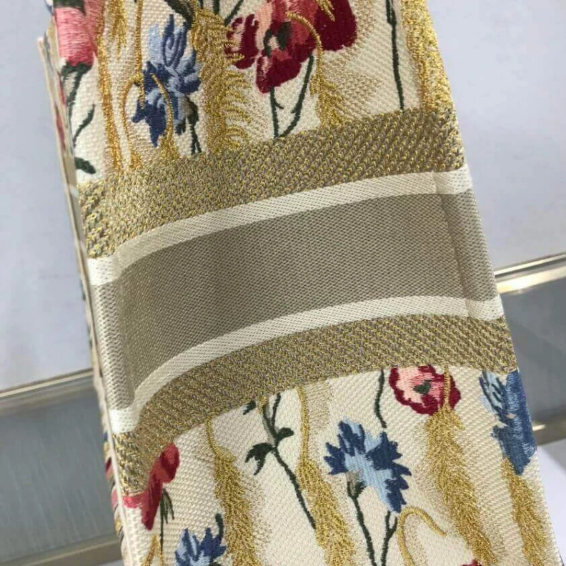 Replica ysl bags The Dior B Dior Small Book Tote in Beige Multicolor Hibiscus Metallic Thread Embroidery