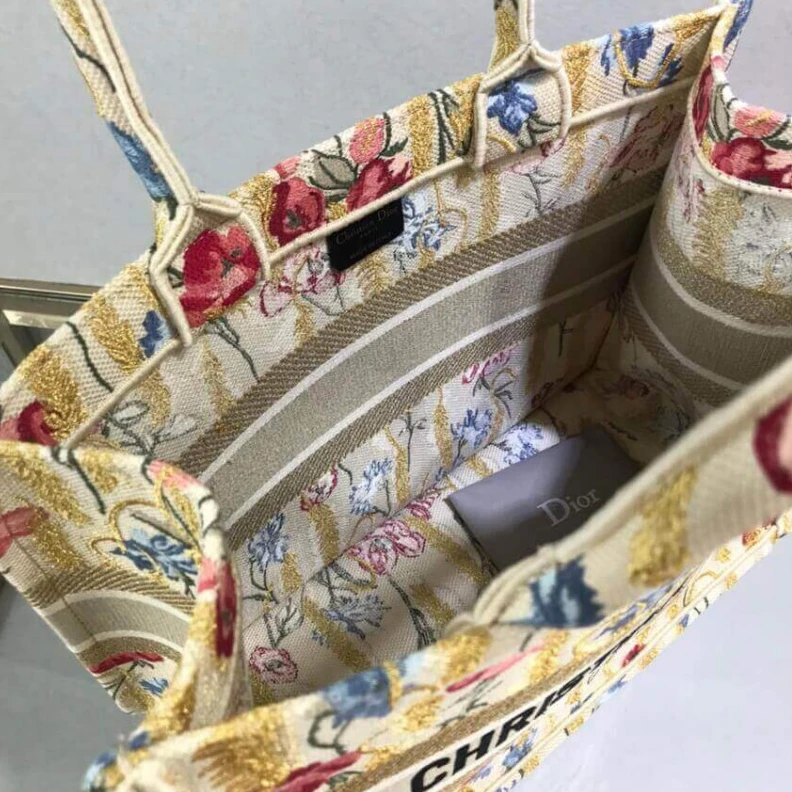 Replica ysl bags The Dior B Dior Small Book Tote in Beige Multicolor Hibiscus Metallic Thread Embroidery