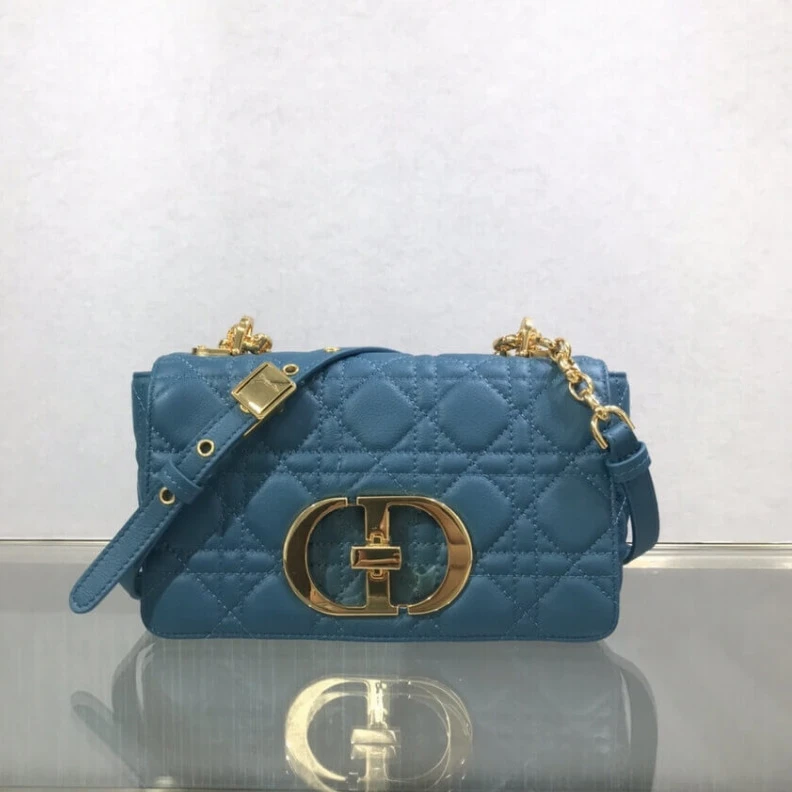 Flap clos Dior Small Caro Bag Ocean Blue Supple Cannage Calfskin