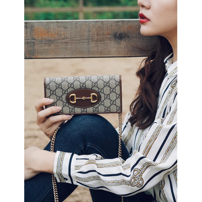 Kitlife Snap butt Gucci 1955 Horsebit Wallet With Chain Brown