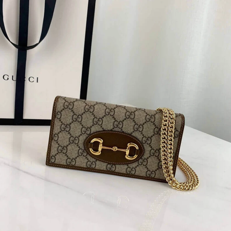 Kitlife Snap butt Gucci 1955 Horsebit Wallet With Chain Brown