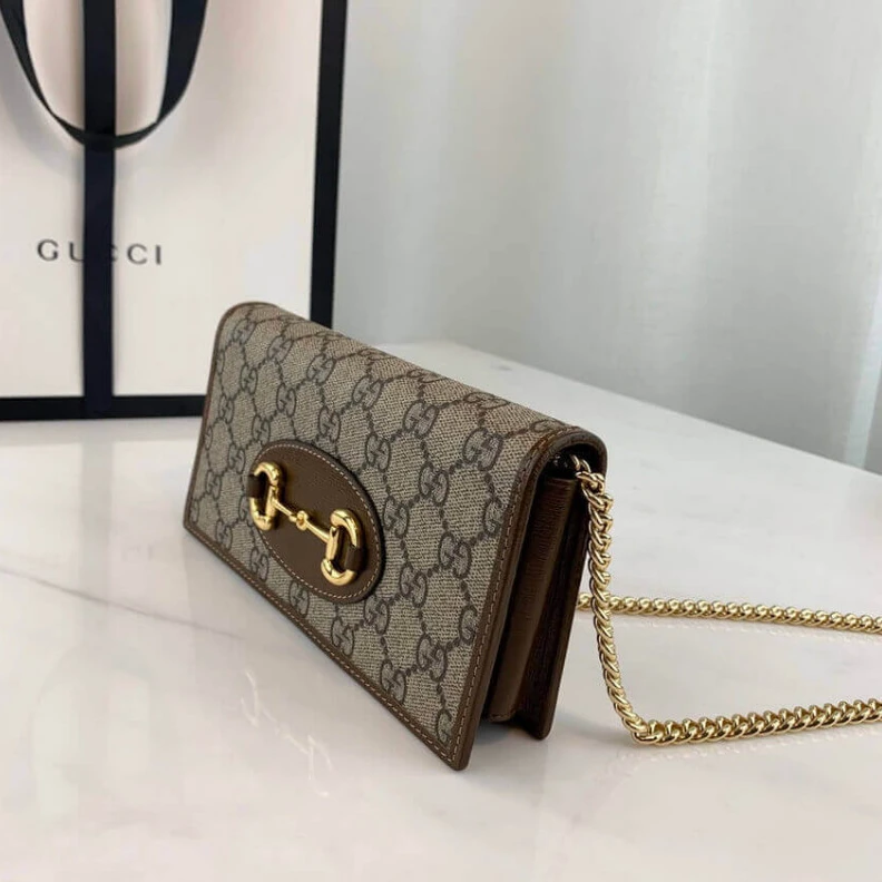 Kitlife Snap butt Gucci 1955 Horsebit Wallet With Chain Brown