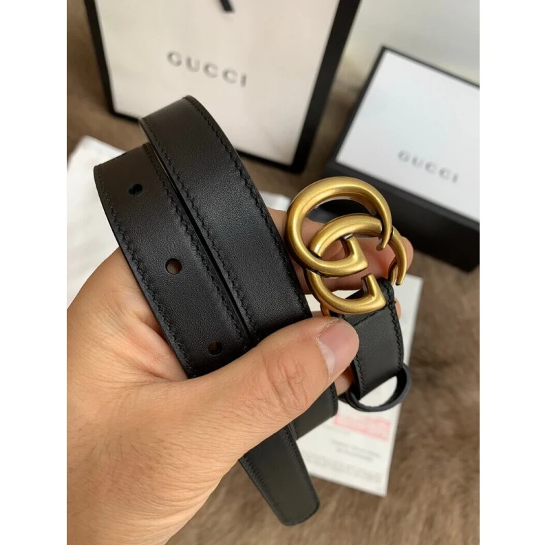 2cm width Gucci Black Leather 20mm Belt With Double G Buckle
