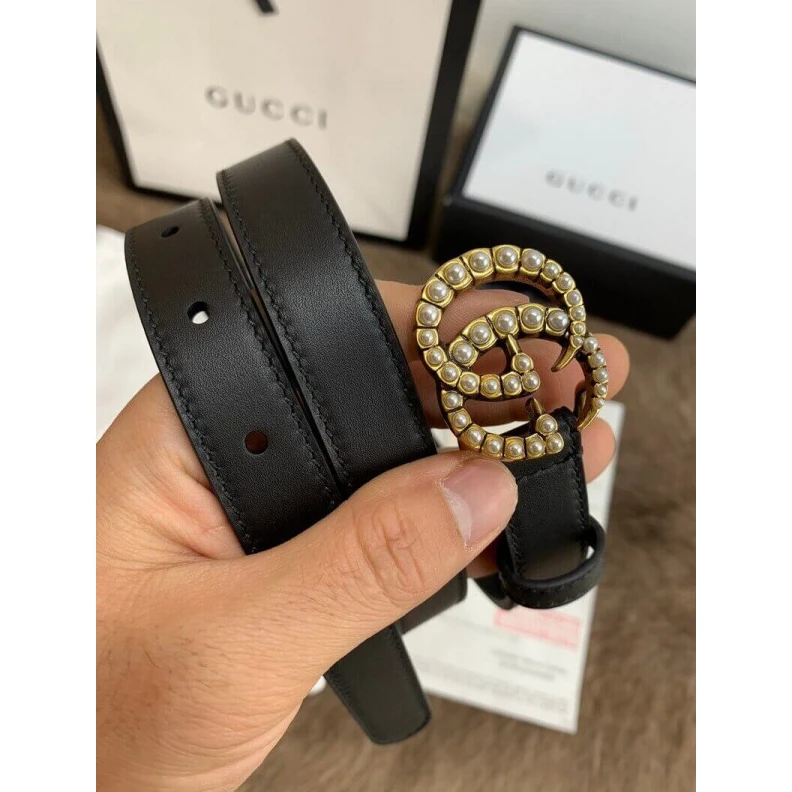 Can be wo Gucci Black Leather 20mm Belt With Pearl Double G