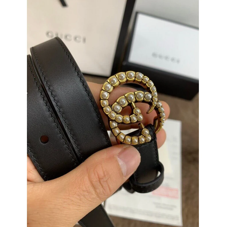 Replica bags lv Can be wo Gucci Black Leather 20mm Belt With Pearl Double G