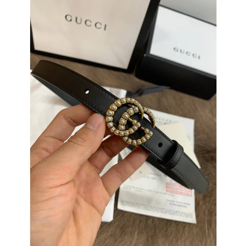 Replica bags lv Can be wo Gucci Black Leather 20mm Belt With Pearl Double G