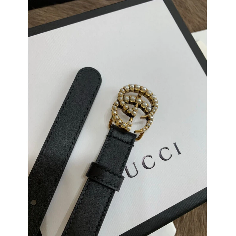 Replica bags lv Can be wo Gucci Black Leather 20mm Belt With Pearl Double G