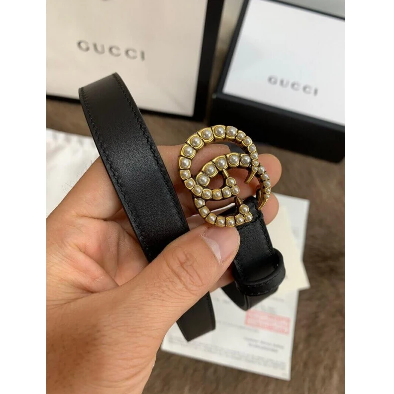 Replica bags lv Can be wo Gucci Black Leather 20mm Belt With Pearl Double G