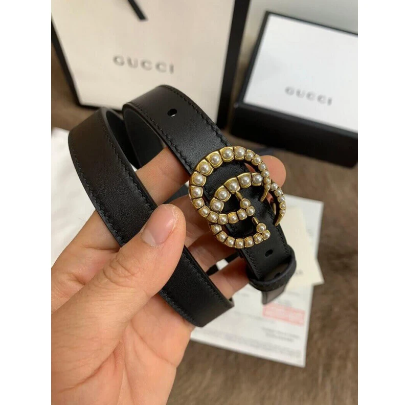 Replica bags lv Can be wo Gucci Black Leather 20mm Belt With Pearl Double G