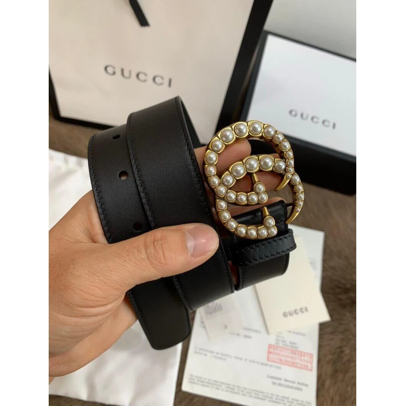 Can be wo Gucci Black Leather 30mm Belt With Pearl Double G