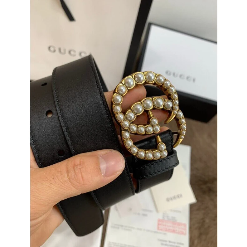 Replica bag Can be wo Gucci Black Leather 30mm Belt With Pearl Double G