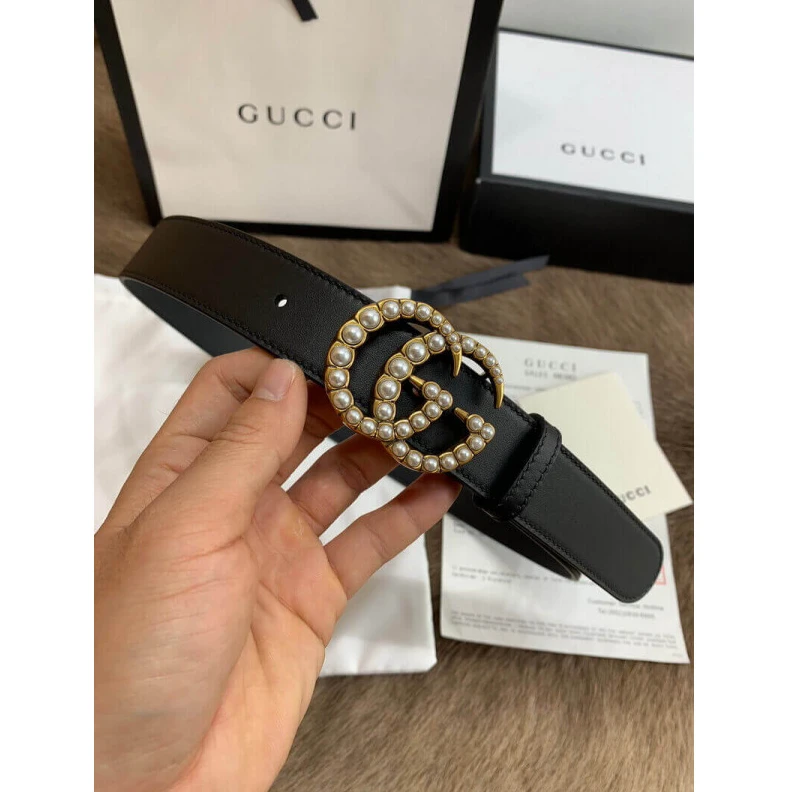 Replica bag Can be wo Gucci Black Leather 30mm Belt With Pearl Double G