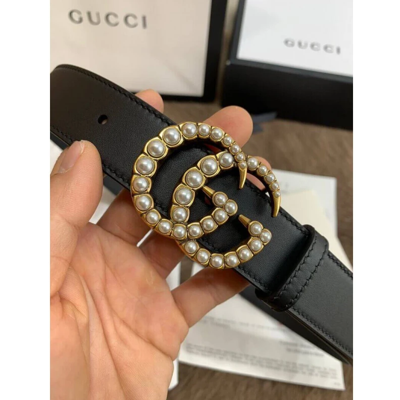 Replica bag Can be wo Gucci Black Leather 30mm Belt With Pearl Double G
