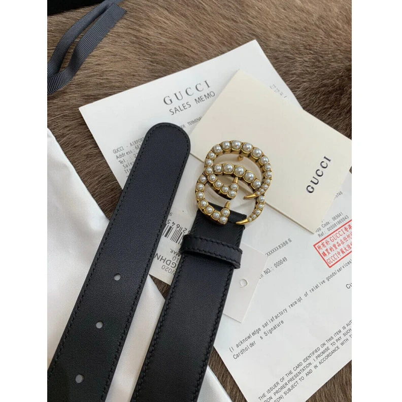 Replica bag Can be wo Gucci Black Leather 30mm Belt With Pearl Double G