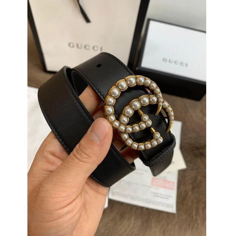 Replica bag Can be wo Gucci Black Leather 30mm Belt With Pearl Double G