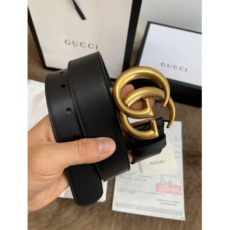 3.5cm wid Gucci Black Leather 35mm Belt With Double G Buckle