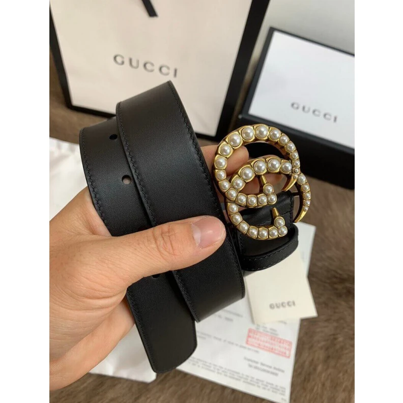 Black lea Gucci Black Leather 35mm Belt With Pearl Double G