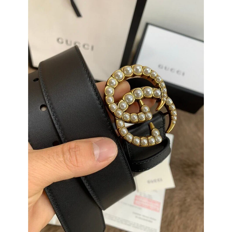 Lv belts replica Black lea Gucci Black Leather 35mm Belt With Pearl Double G