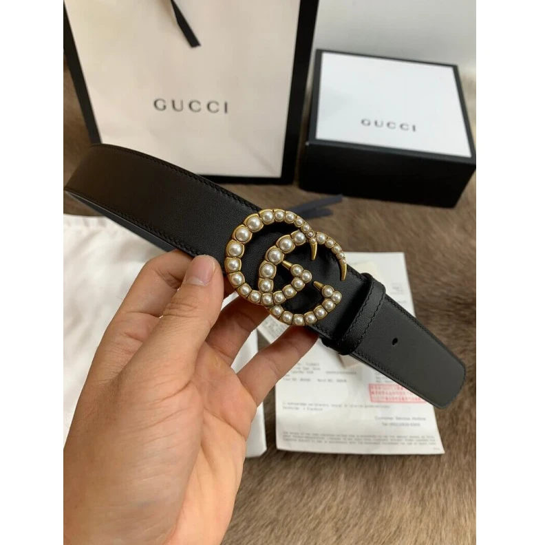 Lv belts replica Black lea Gucci Black Leather 35mm Belt With Pearl Double G