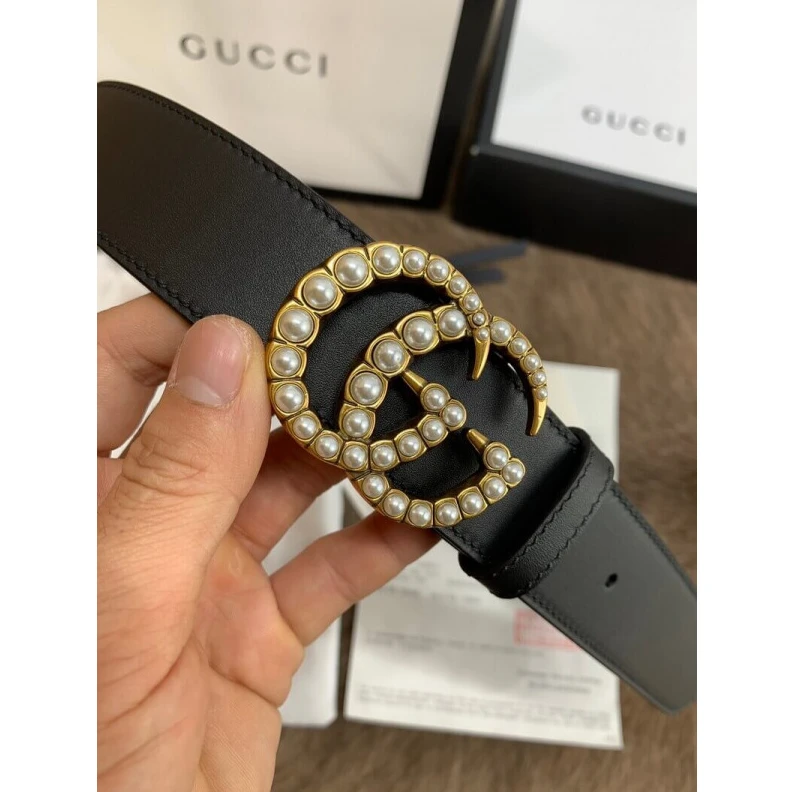 Lv belts replica Black lea Gucci Black Leather 35mm Belt With Pearl Double G