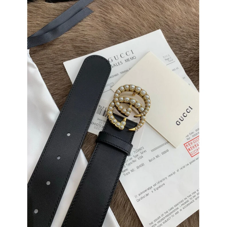 Lv belts replica Black lea Gucci Black Leather 35mm Belt With Pearl Double G
