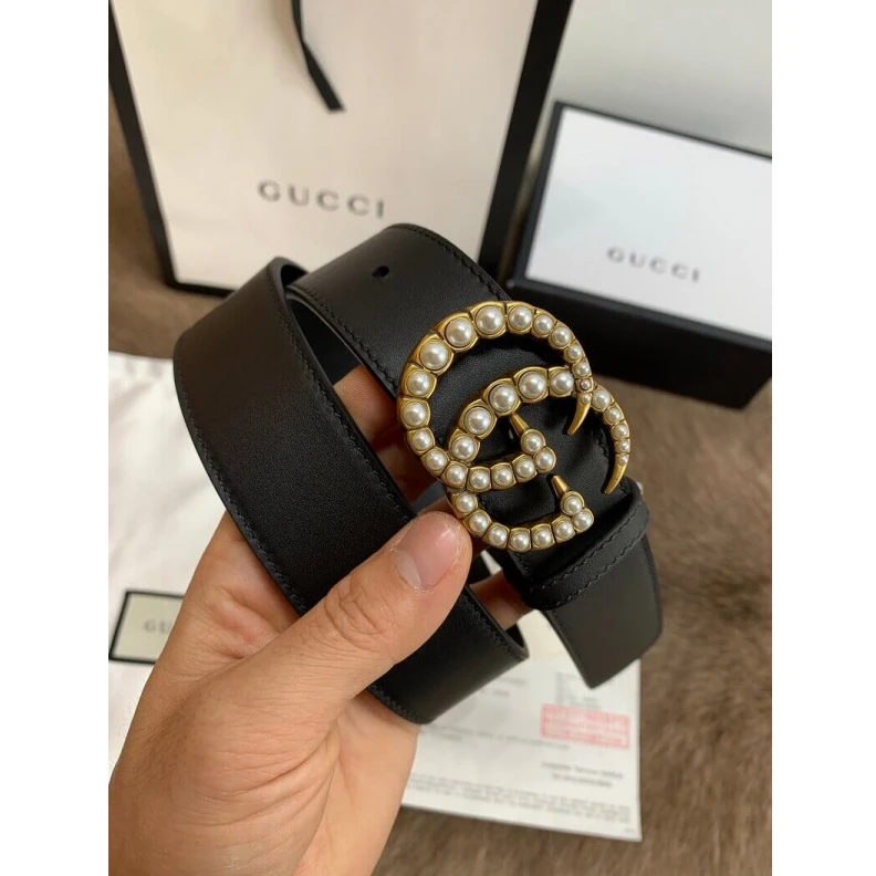 Lv belts replica Black lea Gucci Black Leather 35mm Belt With Pearl Double G